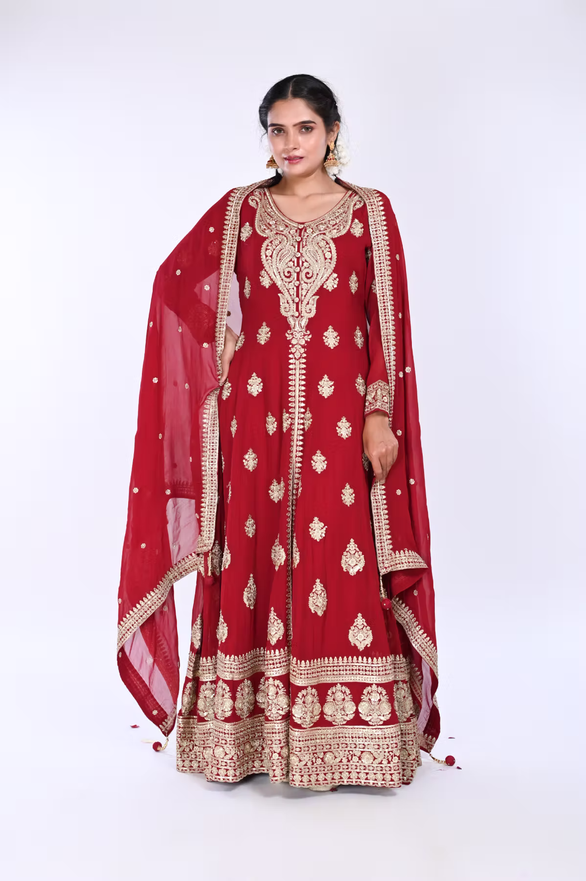 Maroon Long Anarkoli+Middle Cut Suit With Pant