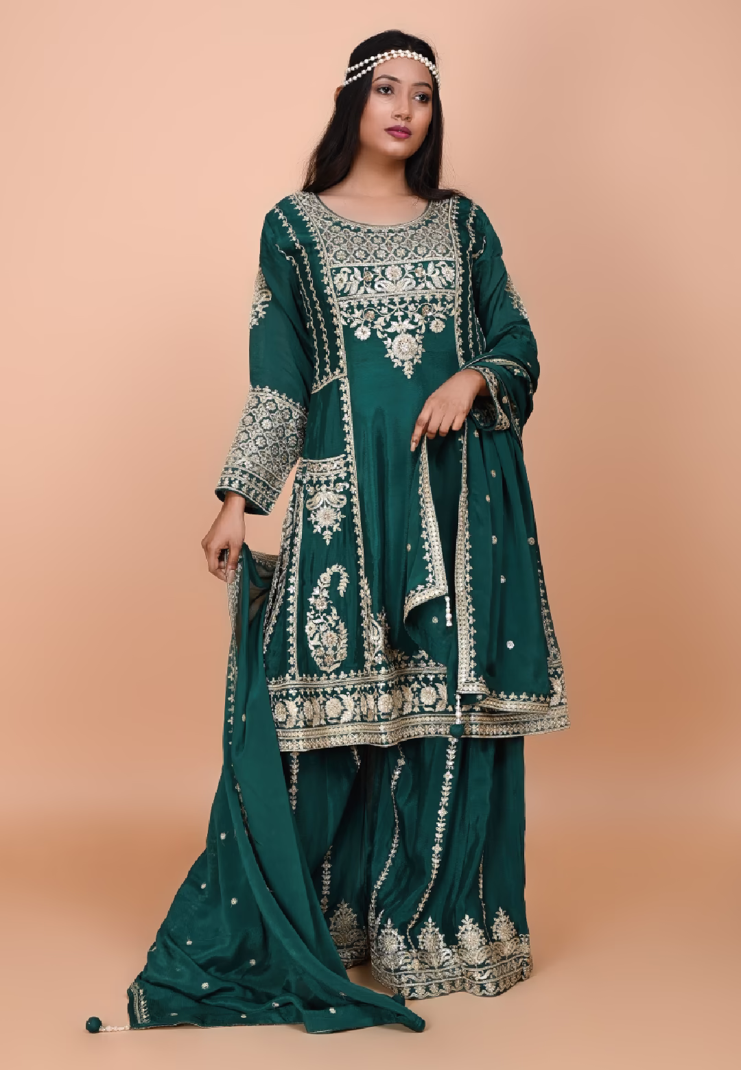 Bottle Green Straight Suit With Palazzo Pant