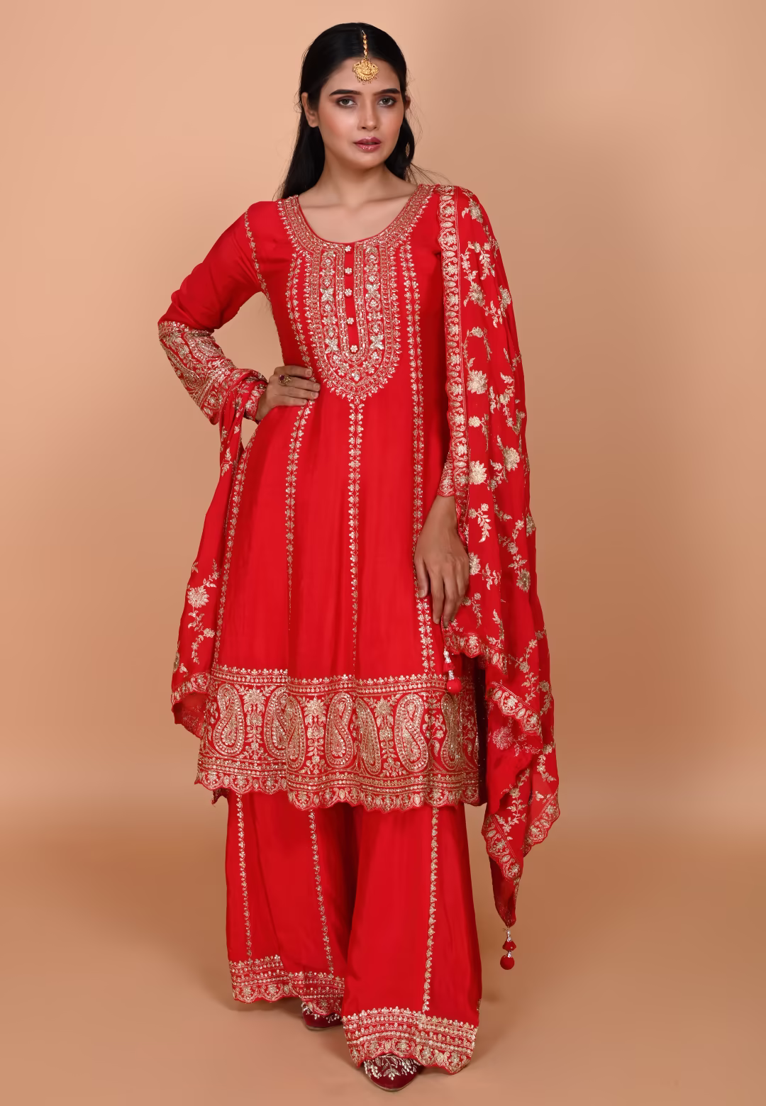 Red Paplom Suit With Palazzo Pant
