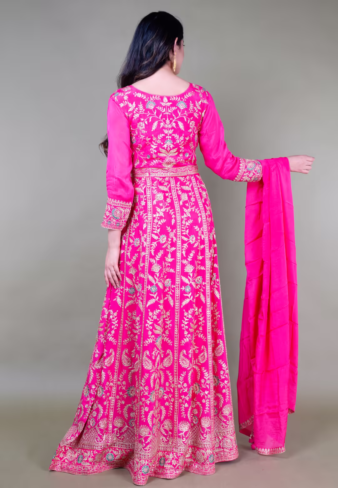 Rani Pink Long Anarkoli+Middle Cut Suit With Skirt