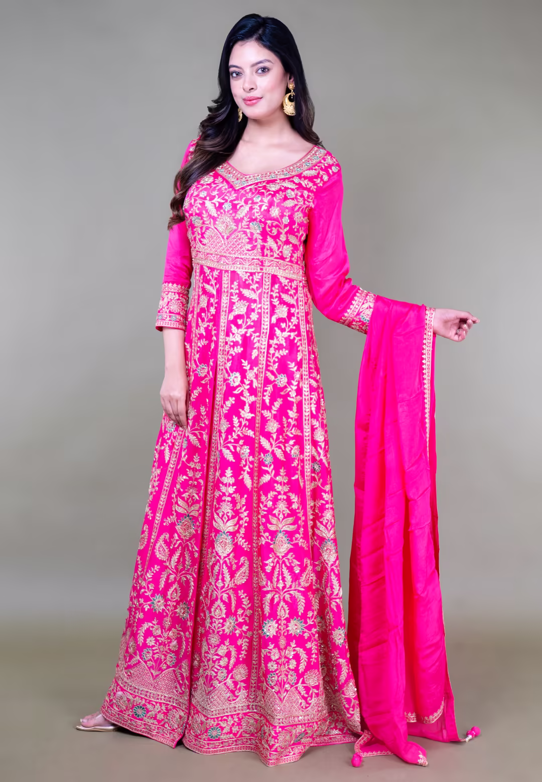 Rani Pink Long Anarkoli+Middle Cut Suit With Skirt