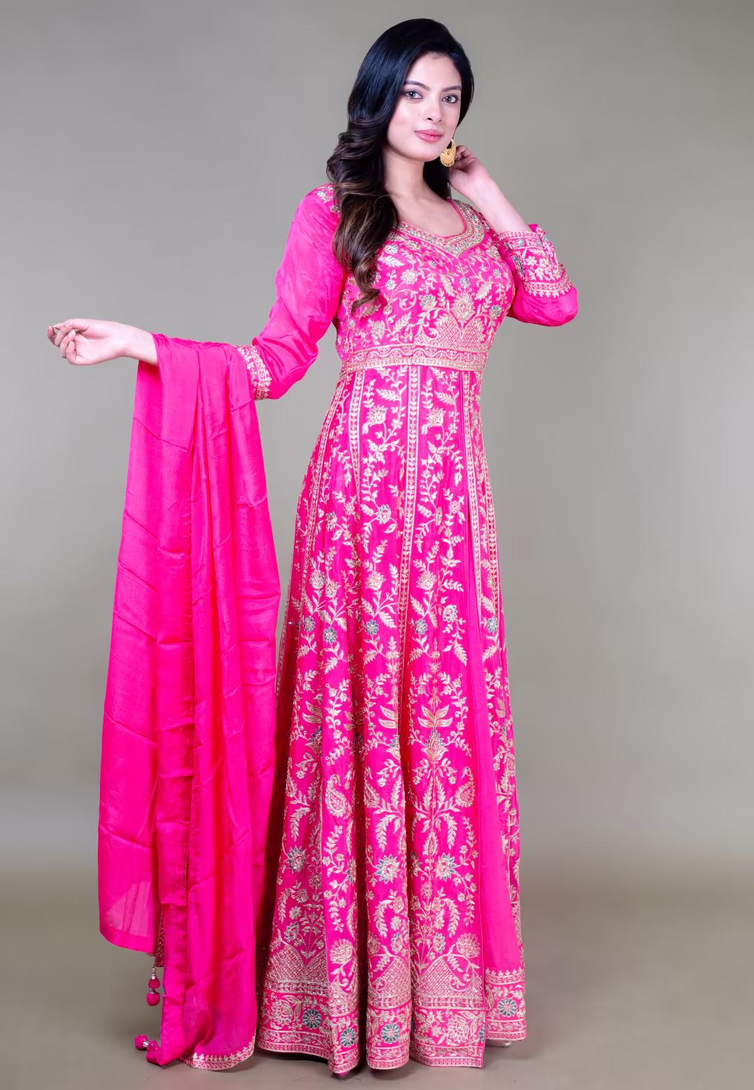 Rani Pink Long Anarkoli+Middle Cut Suit With Skirt