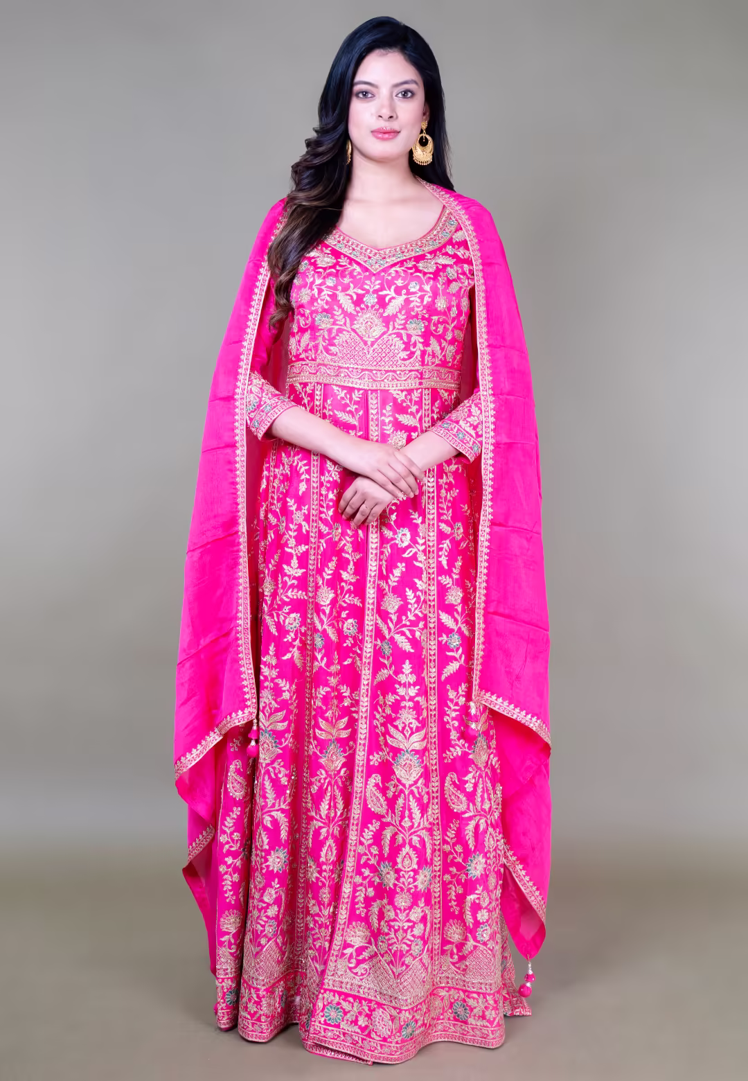 Rani Pink Long Anarkoli+Middle Cut Suit With Skirt