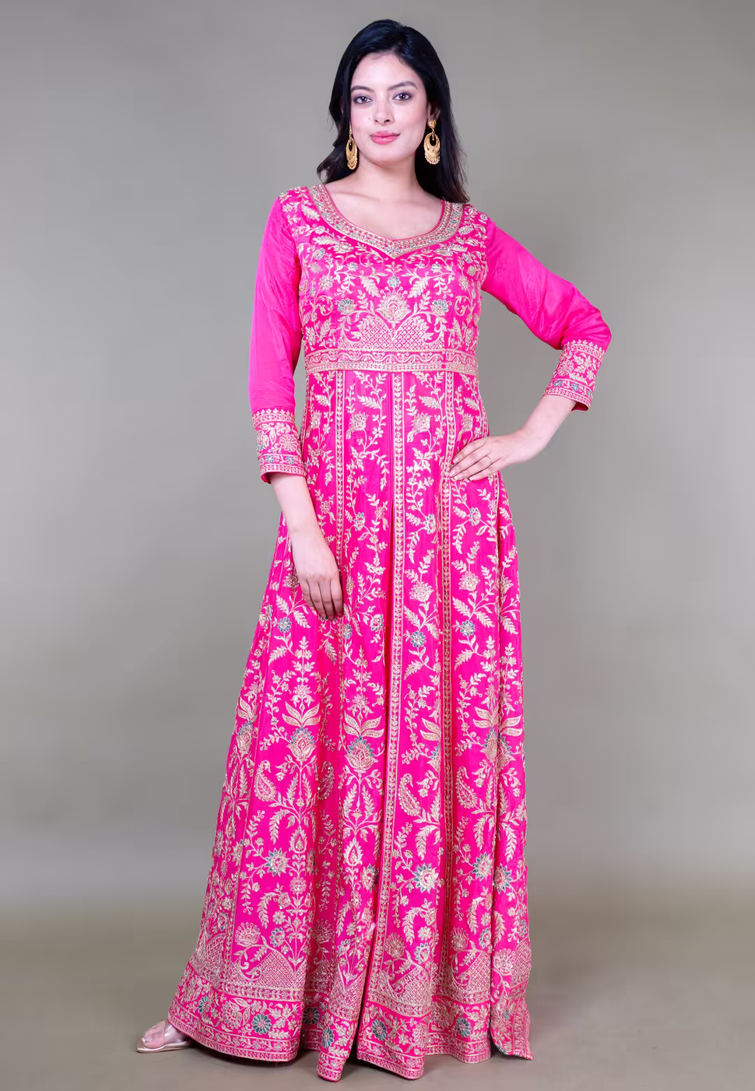Rani Pink Long Anarkoli+Middle Cut Suit With Skirt