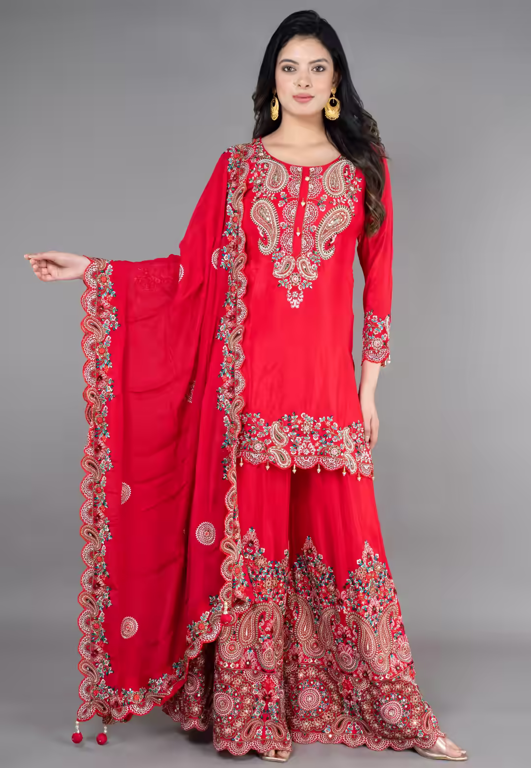 Red Straight Suit With Sarara