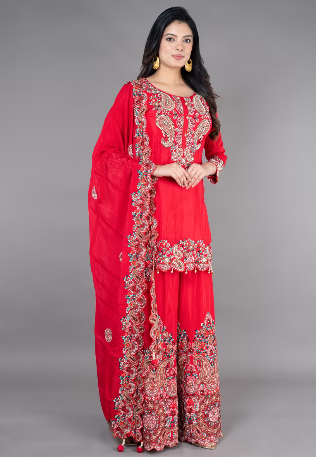 Red Straight Suit With Sarara