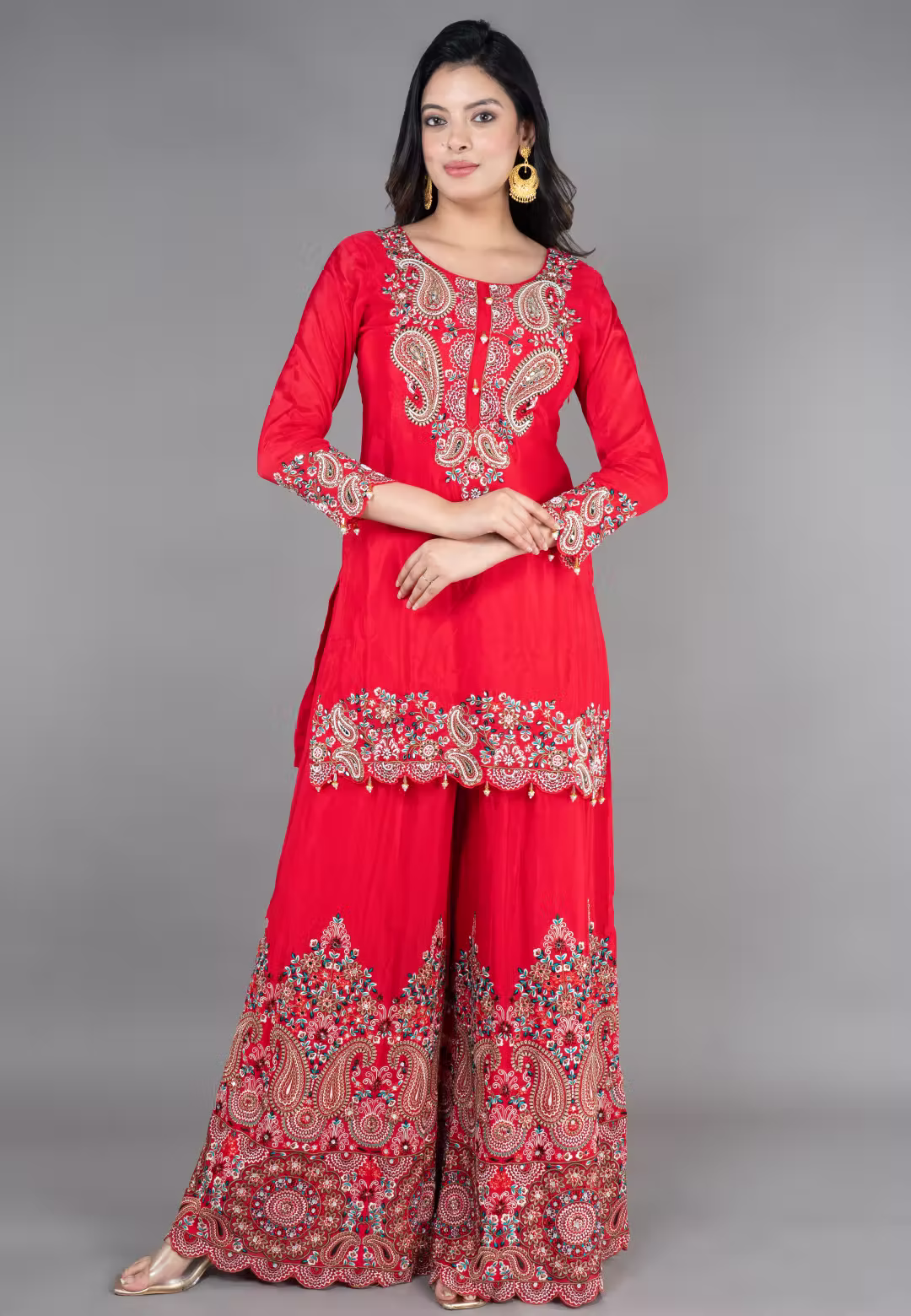 Red Straight Suit With Sarara
