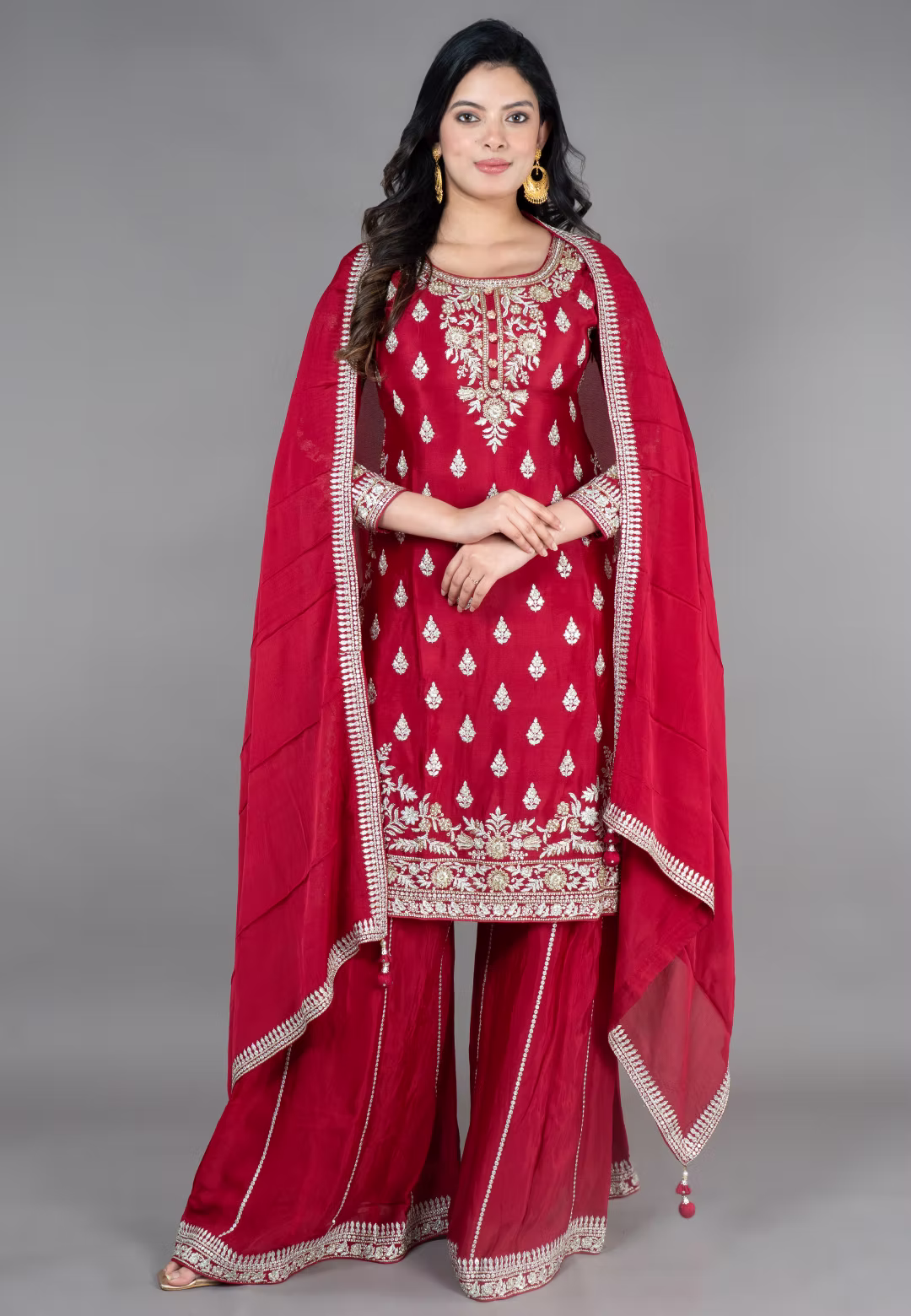Maroon Straight Suit With Palazzo Pant
