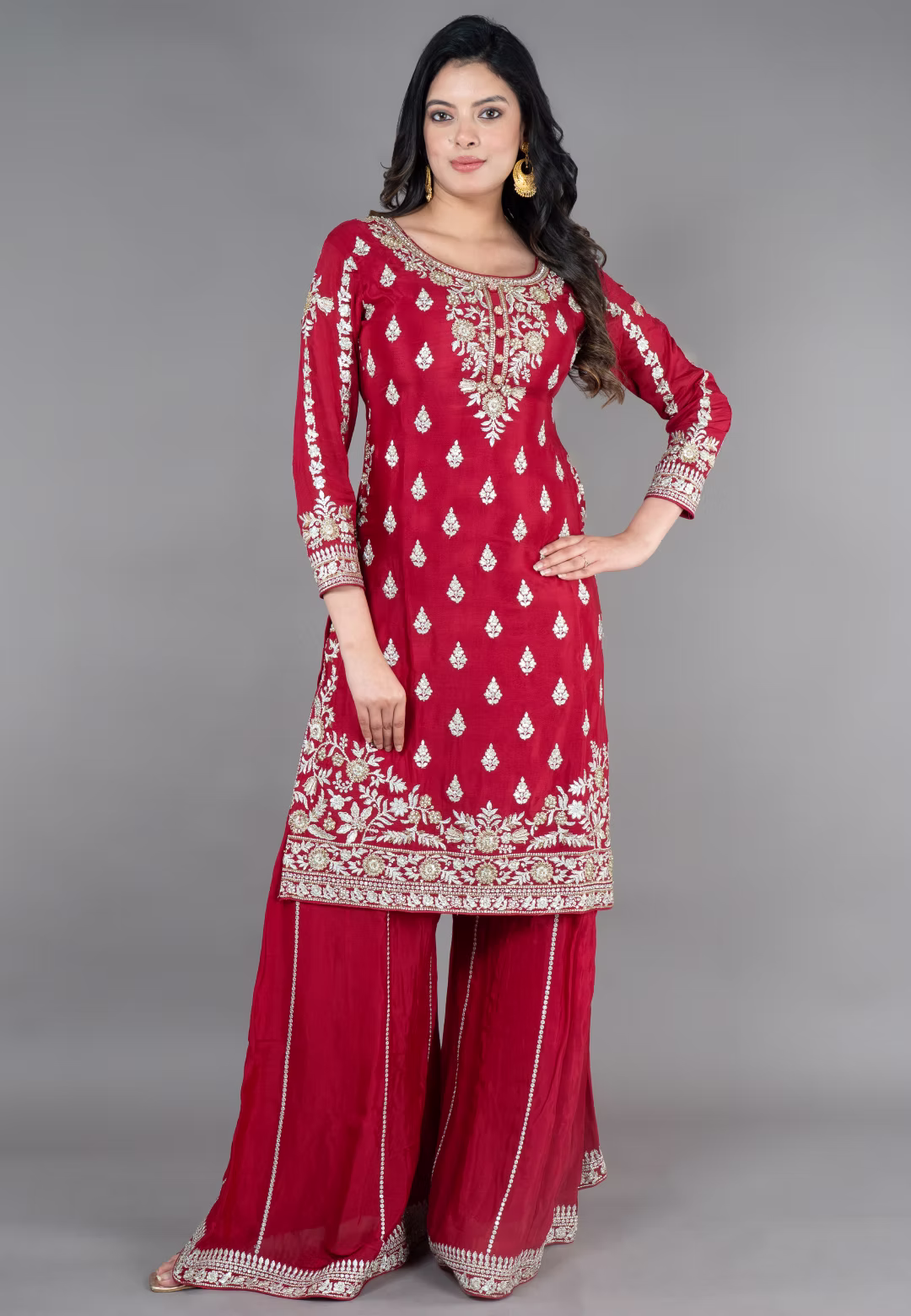 Maroon Straight Suit With Palazzo Pant
