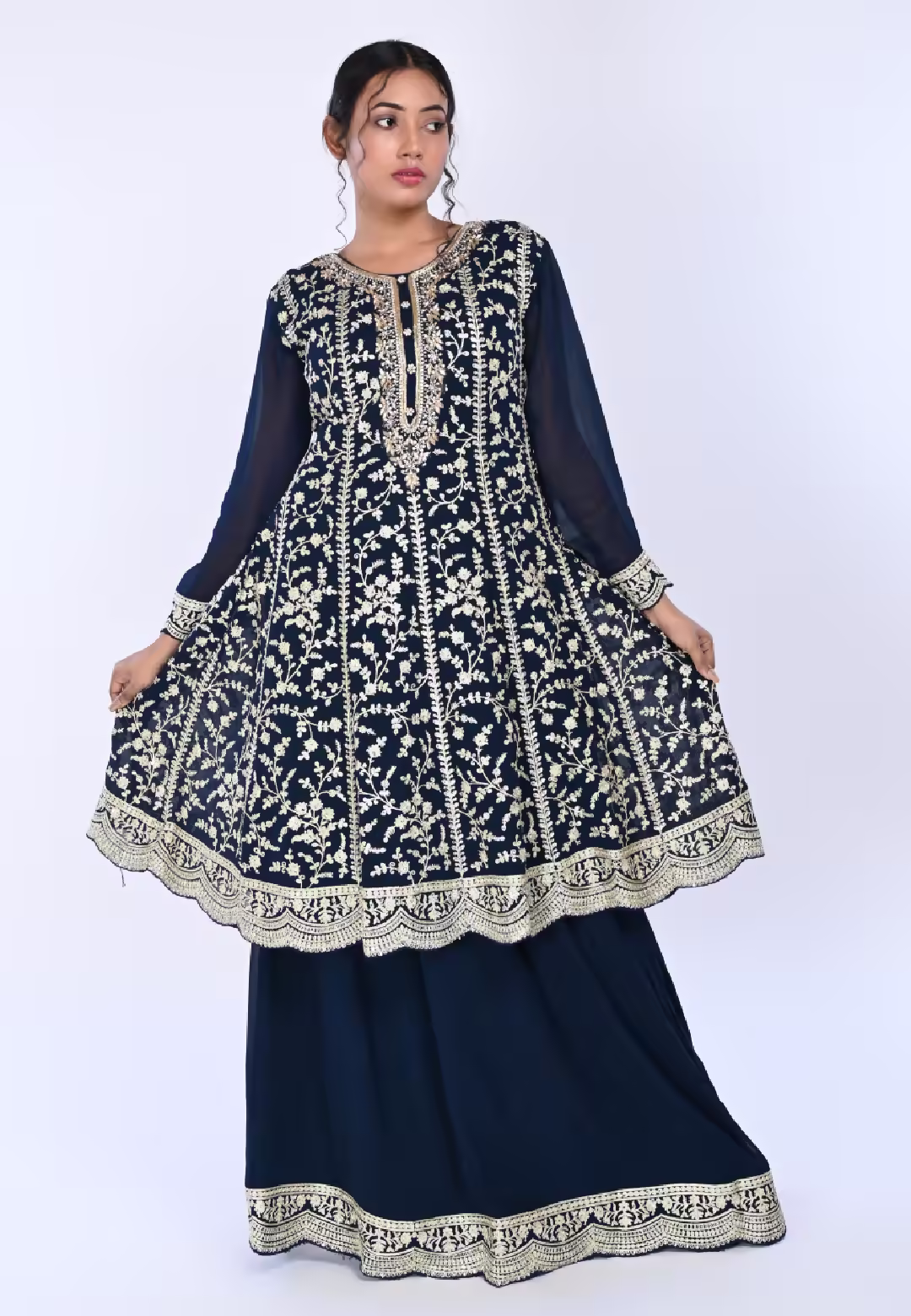 Navy Paplom Suit With Skirt