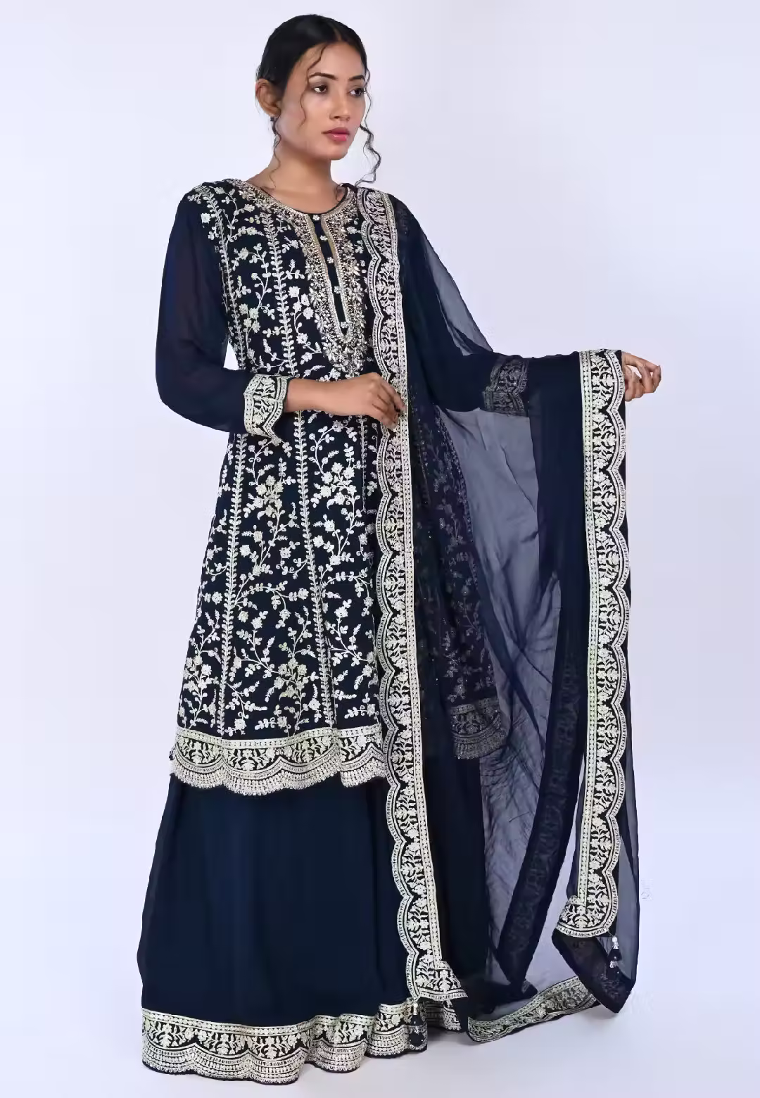 Navy Paplom Suit With Skirt