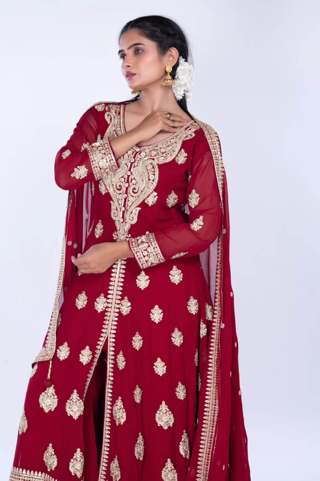 Maroon Long Anarkoli+Middle Cut Suit With Pant