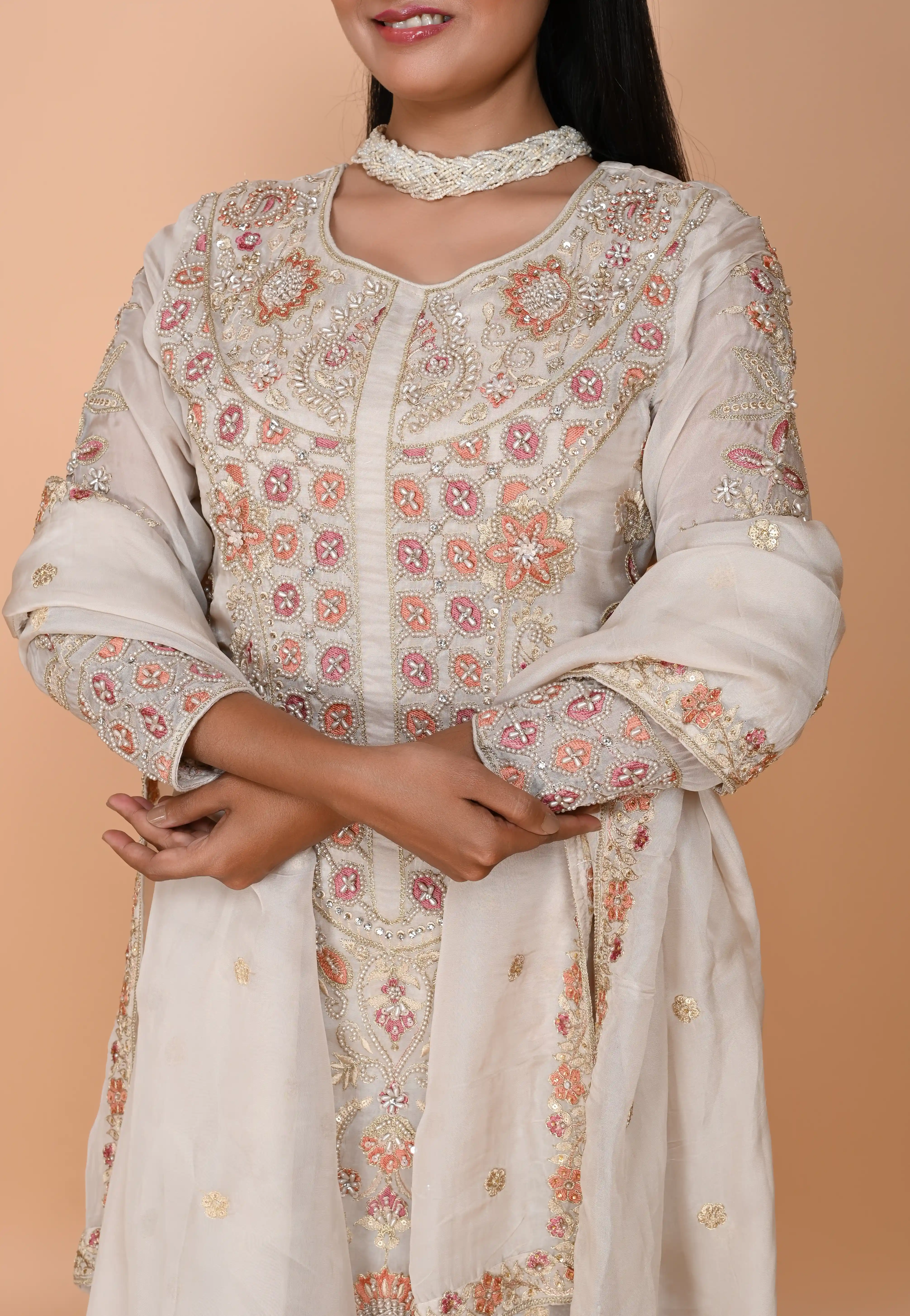 Beige Long straight suit with pants