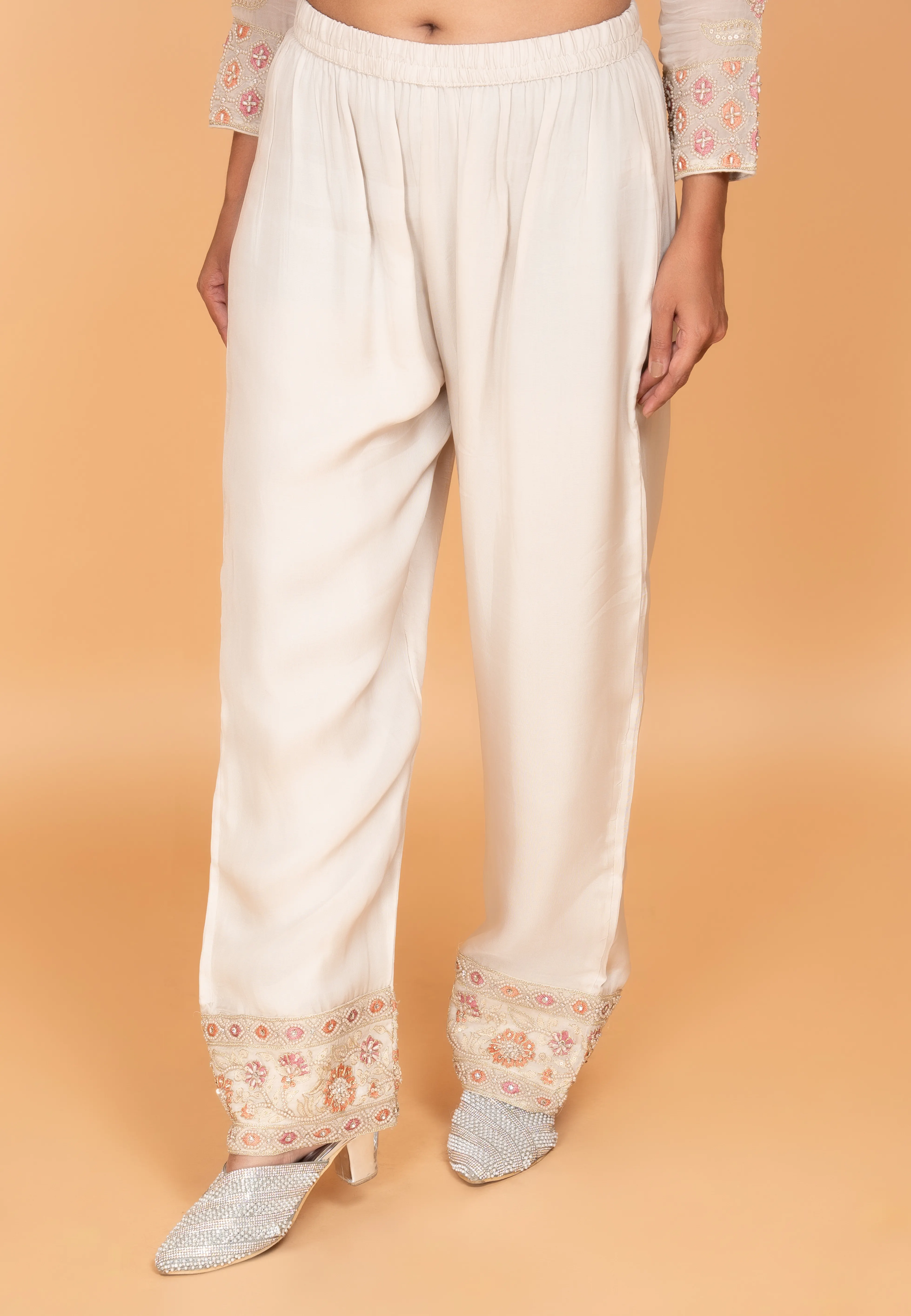 Beige Long straight suit with pants