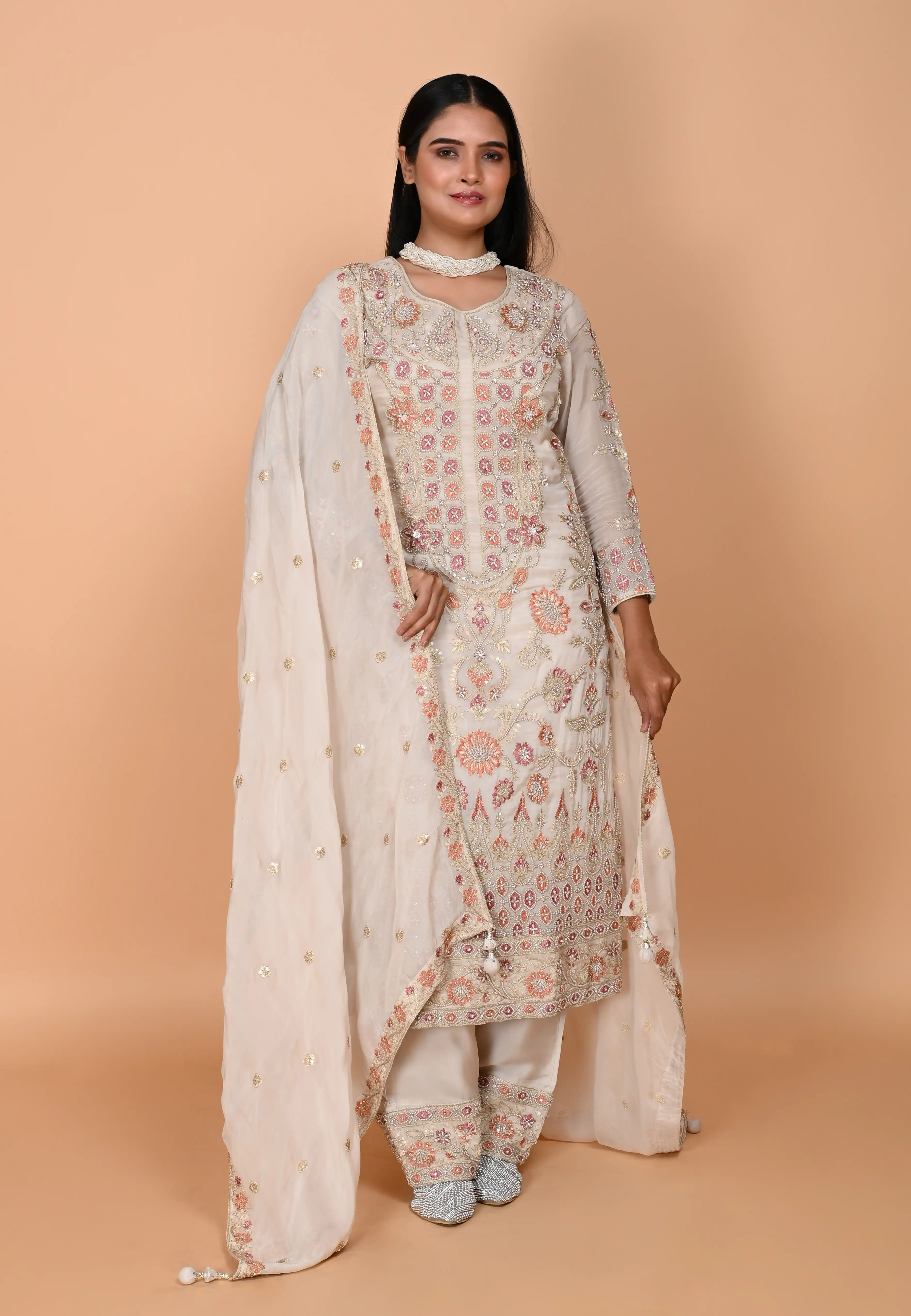 Beige Long straight suit with pants
