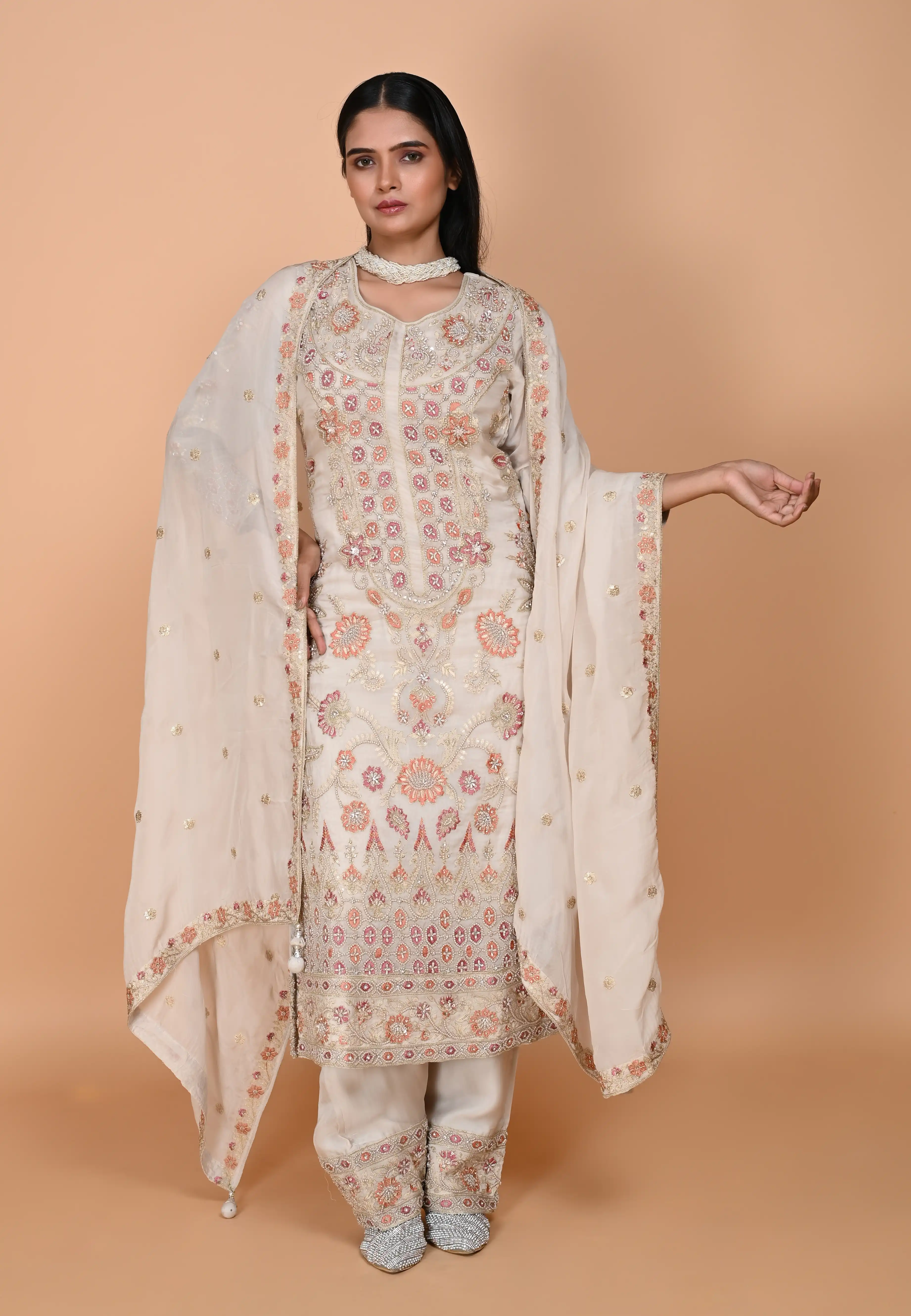 Beige Long straight suit with pants
