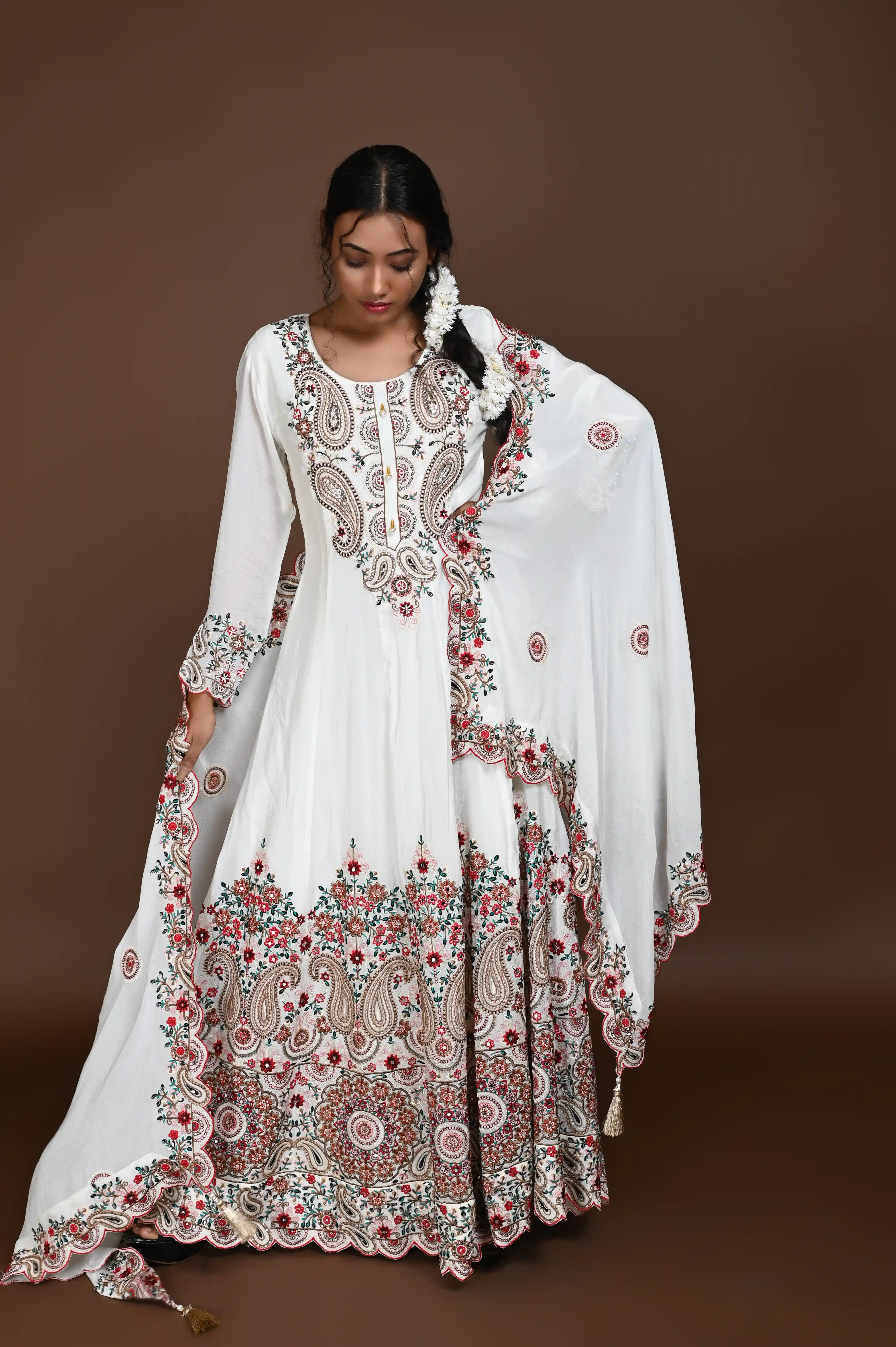 Machine Embroidery with Hand Work white Long Anarkali