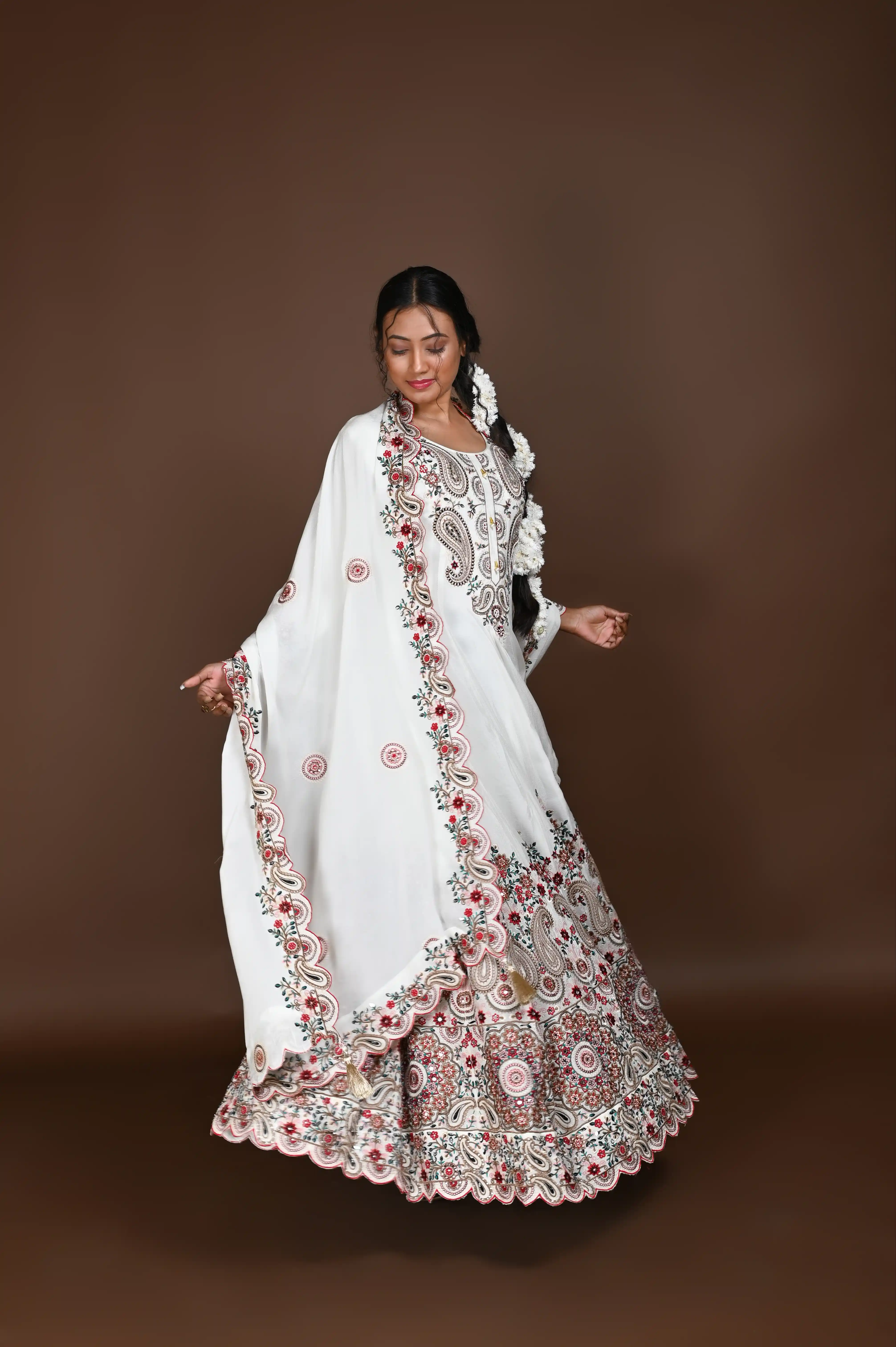Machine Embroidery with Hand Work white Long Anarkali