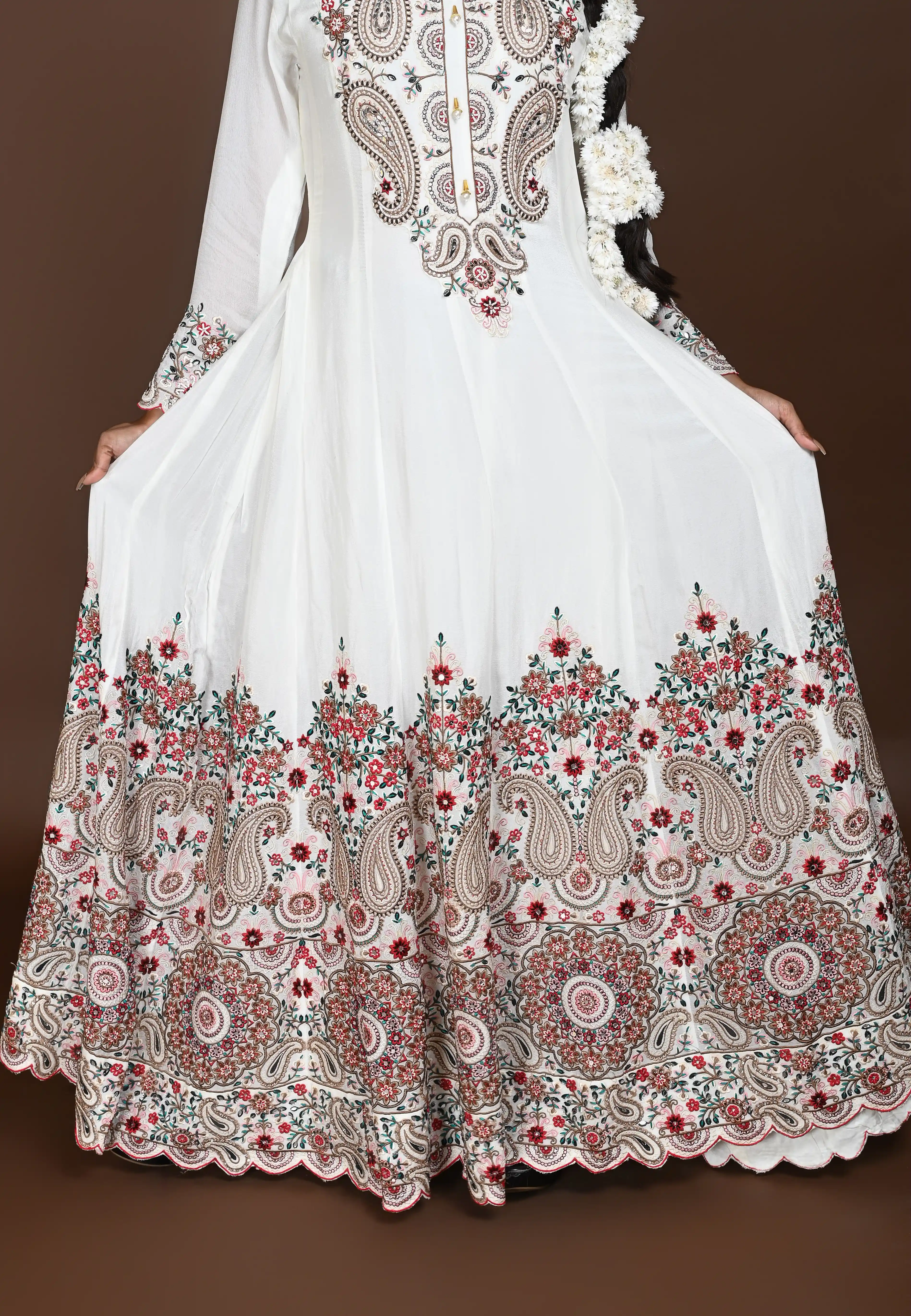 Machine Embroidery with Hand Work white Long Anarkali