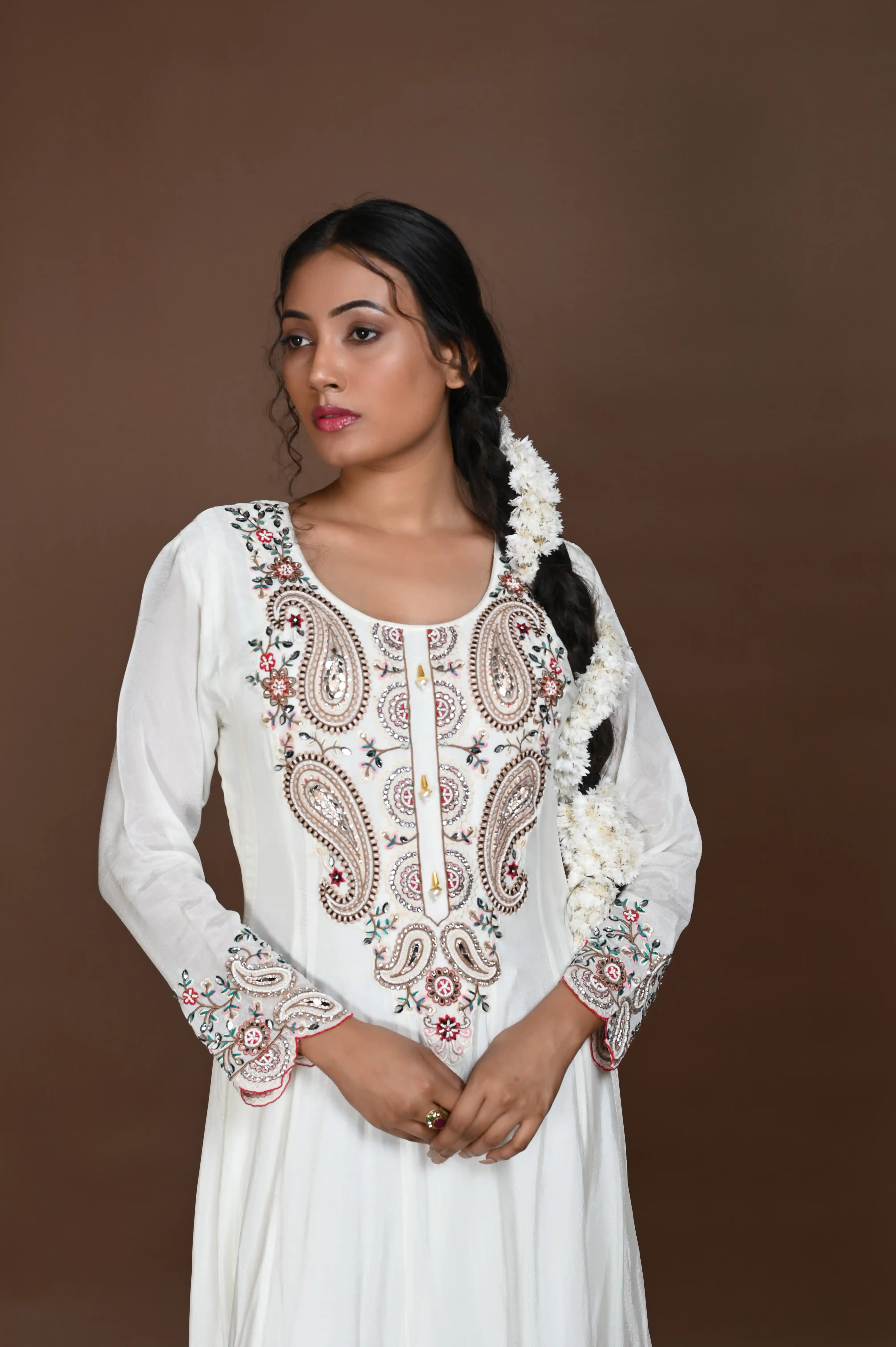 Machine Embroidery with Hand Work white Long Anarkali