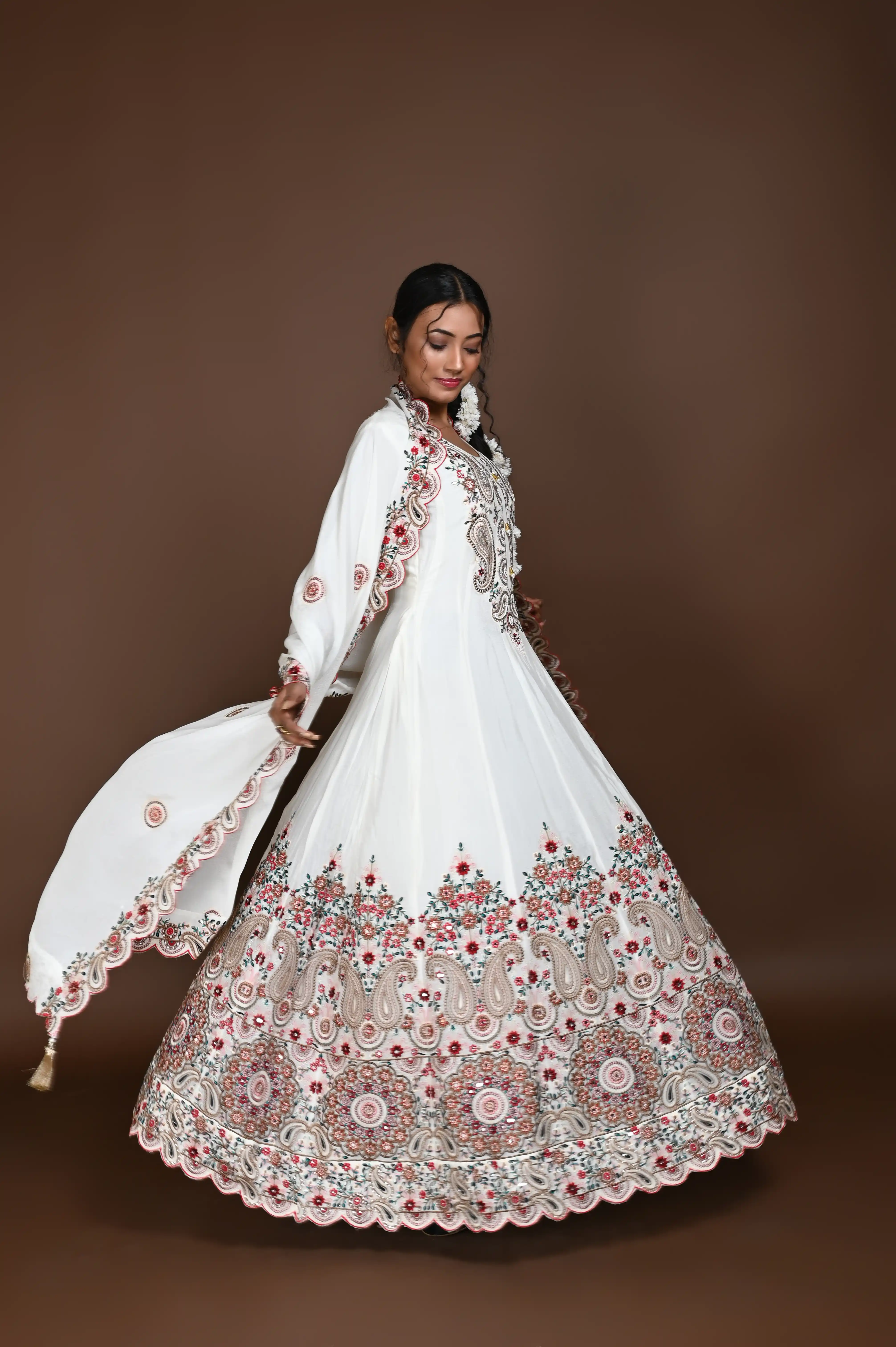 Machine Embroidery with Hand Work white Long Anarkali