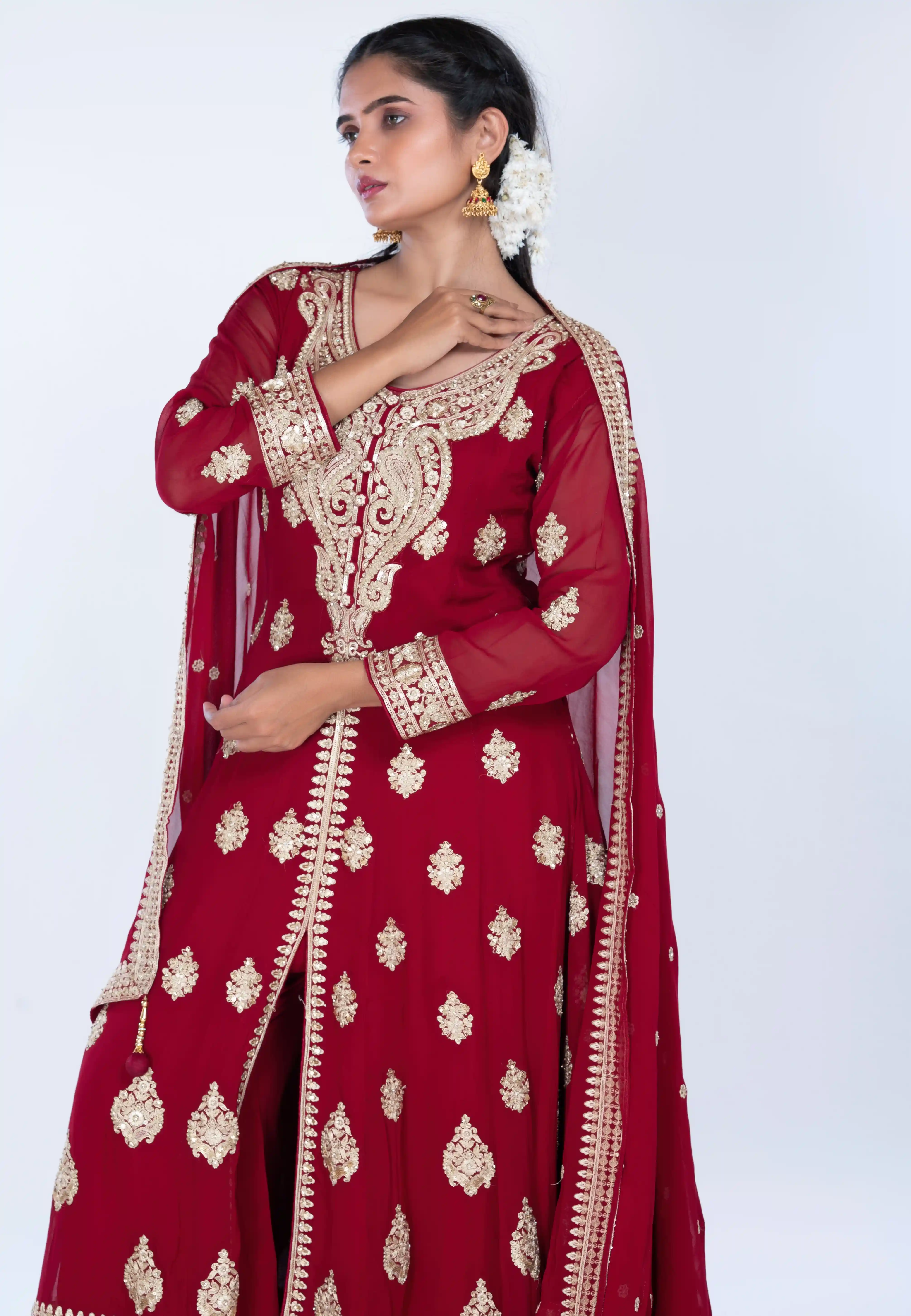 Maroon Long Anarkali with Middle Cut Suit With Pant