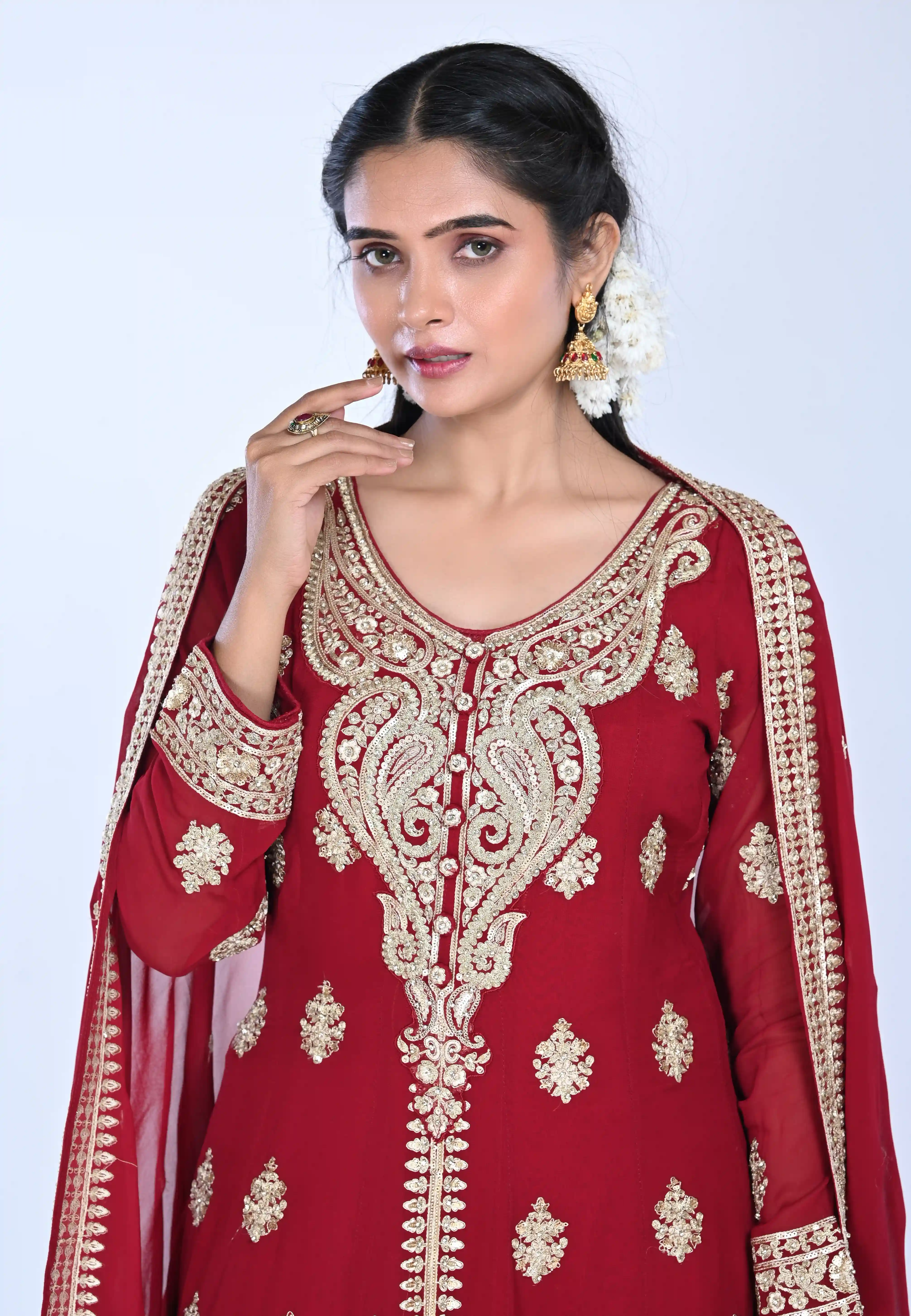 Maroon Long Anarkali with Middle Cut Suit With Pant