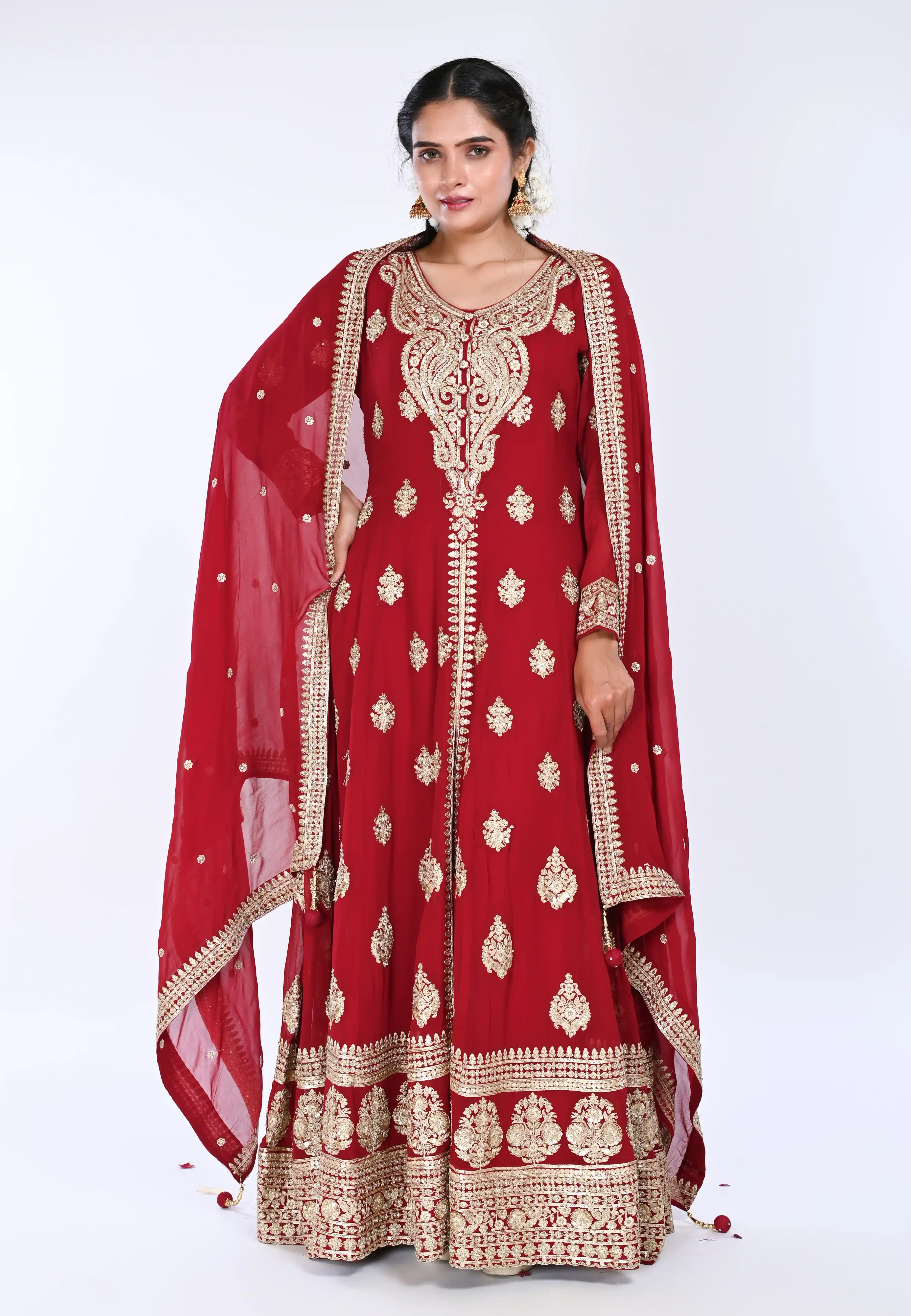 Maroon Long Anarkali with Middle Cut Suit With Pant
