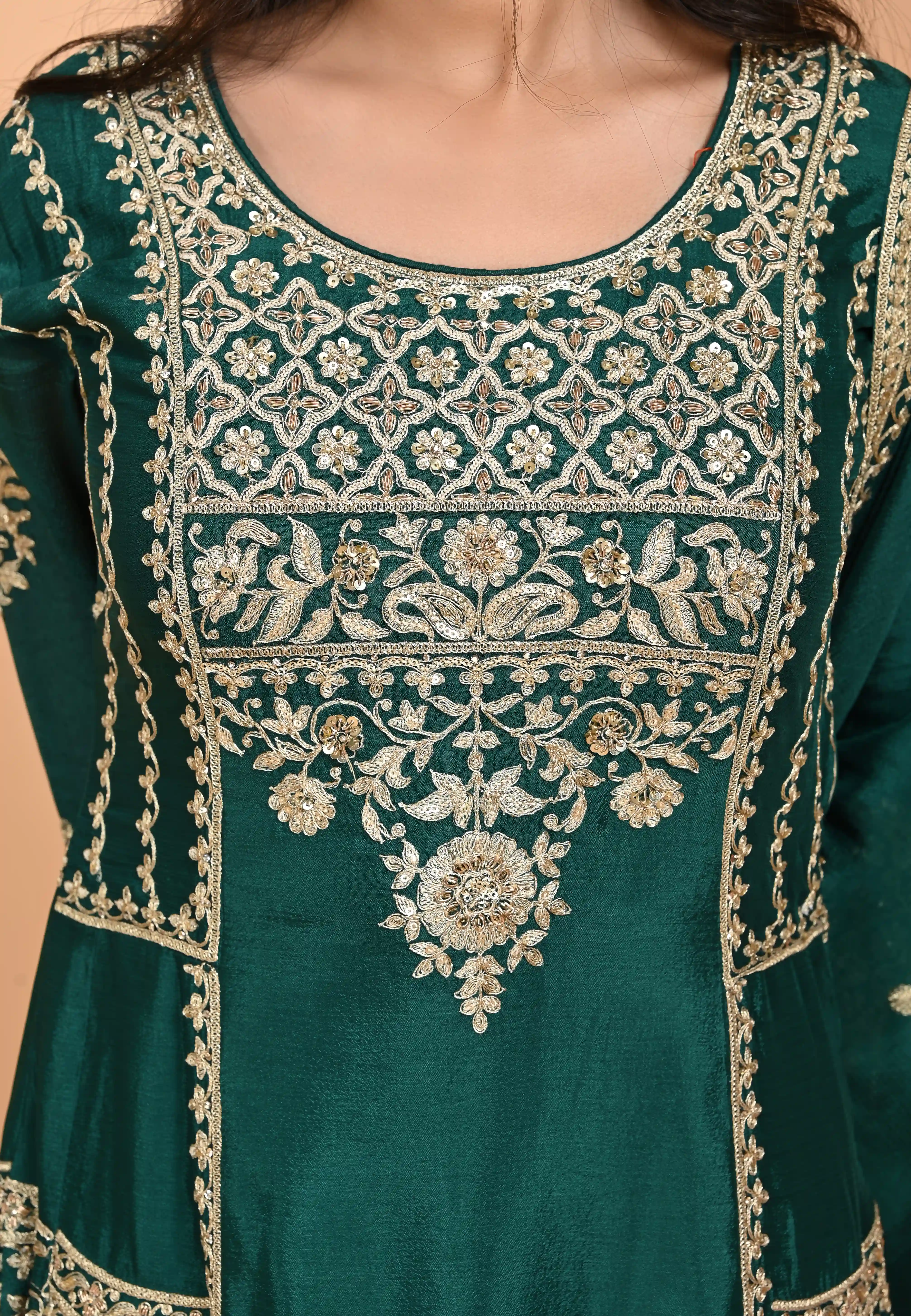 Bottle Green Straight Suit With Palazzo Pant