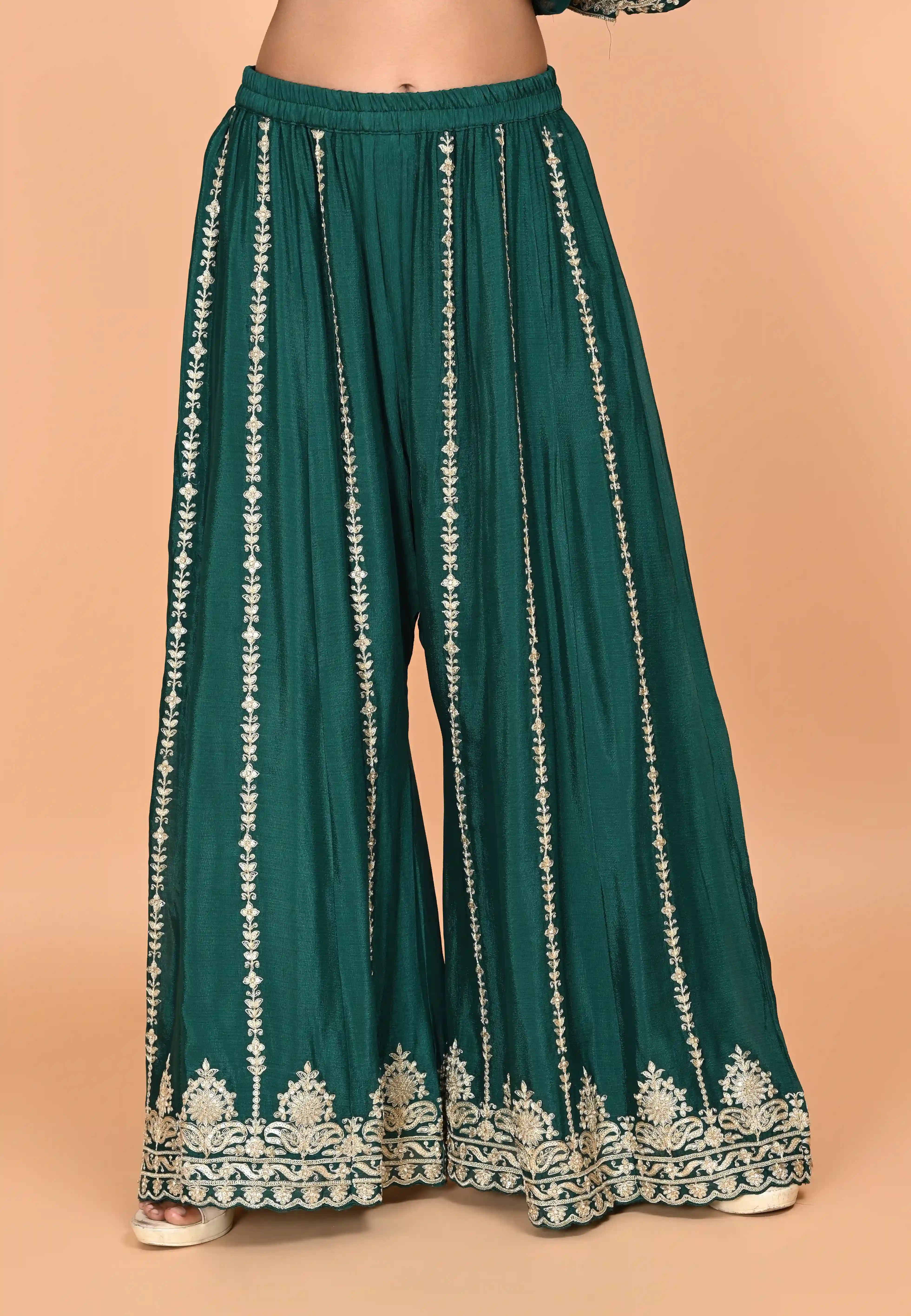 Bottle Green Straight Suit With Palazzo Pant